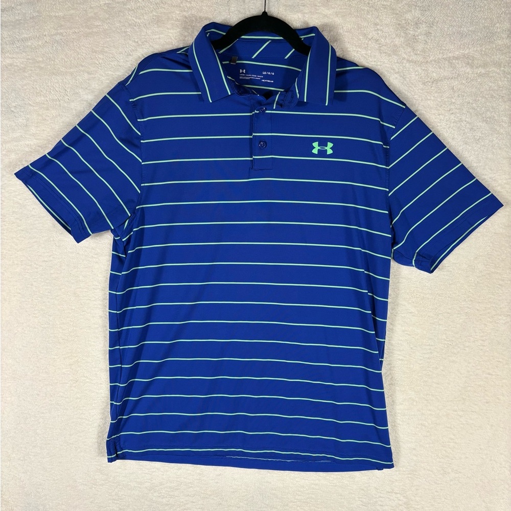 Men’s Under Armour Heatgear Blue Striped Golf Polo Loose Fit Lightweight Sz L